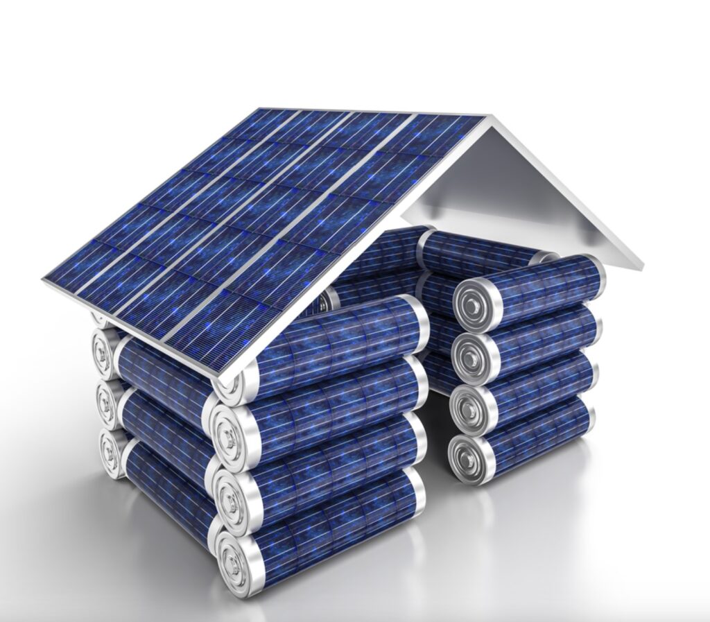 Graphic of a house built with batteries for walls and solar panels for a roof.