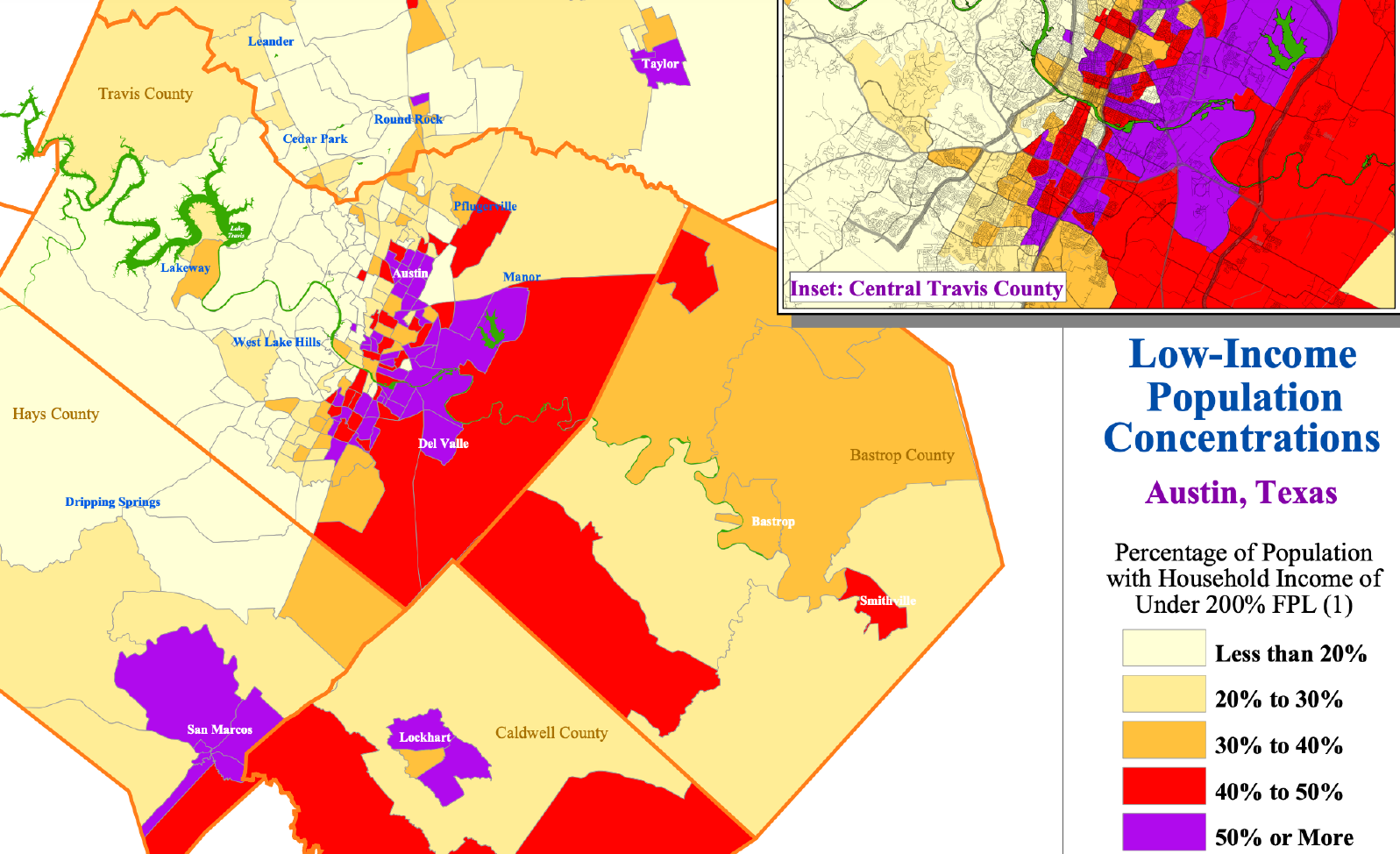 City of Austin map of low-income population concentrations.