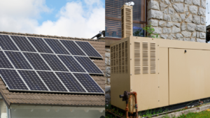 Rooftop solar panels and a home generator.