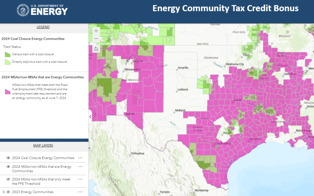 Map of Department of Energy (DOE) Energy Community Tax Credit Bonuses in Texas.